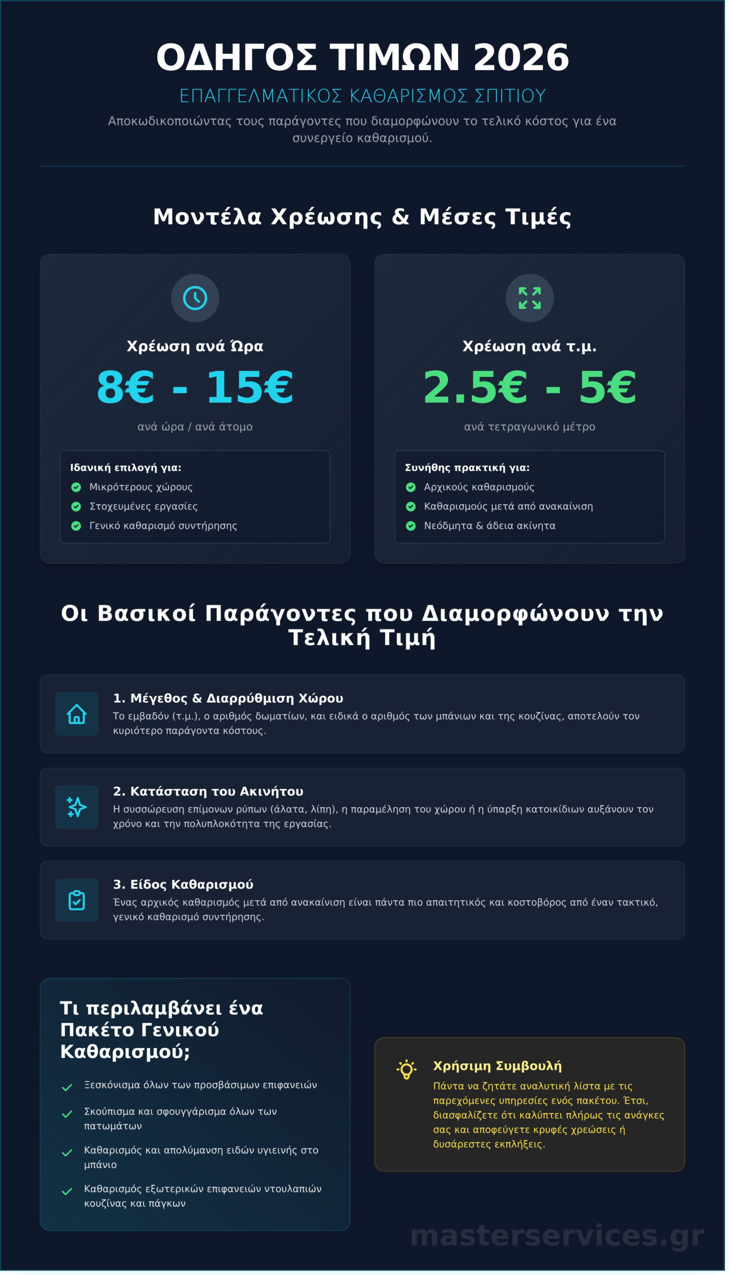 Συνεργείο Καθαρισμού Σπιτιών Τιμές: Ο Πλήρης Οδηγός για το 2026 - Infographic